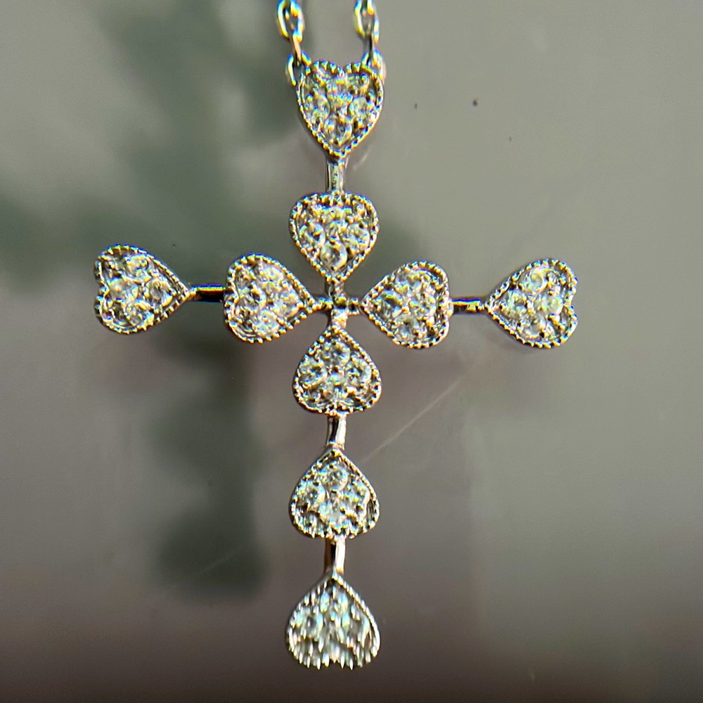 Sterling Silver Rhodium Plated Diamond Shamrock Hearts Lucky Cross Necklace